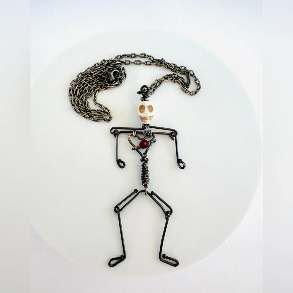Handmade Skeleton Necklace “Bone Head” Sterling Silver & Copper with Bone Bead - Picture 8 of 9